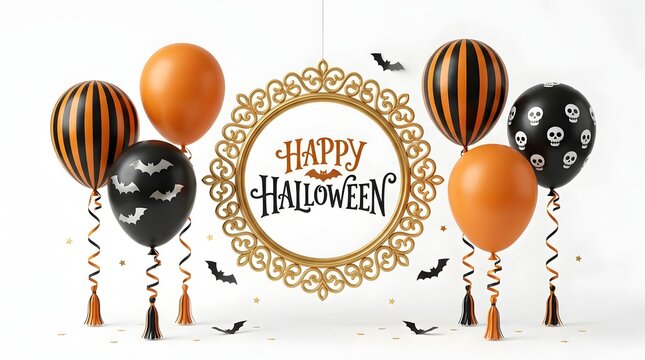 Festive halloween decorations with balloons and ornate gold framed sign