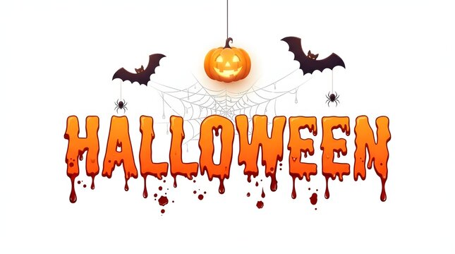 Halloween text with dripping effects bats and jack o lantern illustration