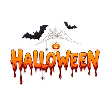 Spooky halloween typography with dripping letters bats and cobwebs illustration