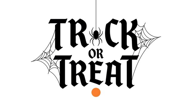 Trick or treat halloween typography design with a hanging spider and cobweb isolated on white background