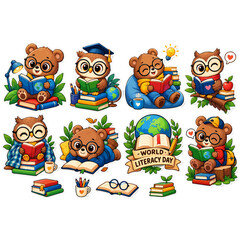 Fototapeta premium Cute teddy bear and wise owl reading books sticker set for World Literacy Day concept with globe and educational stationery clipart vector illustration isolated on transparant background
