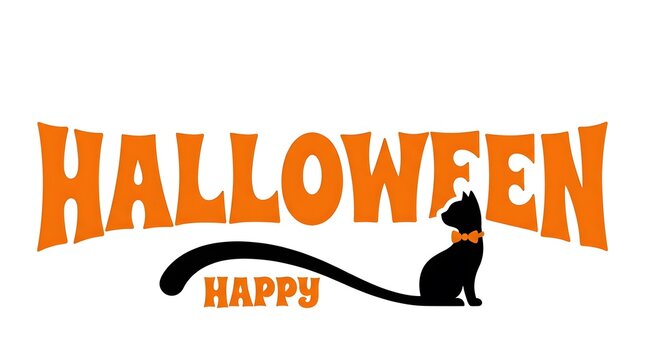 Happy halloween text with a silhouetted black cat against a white background
