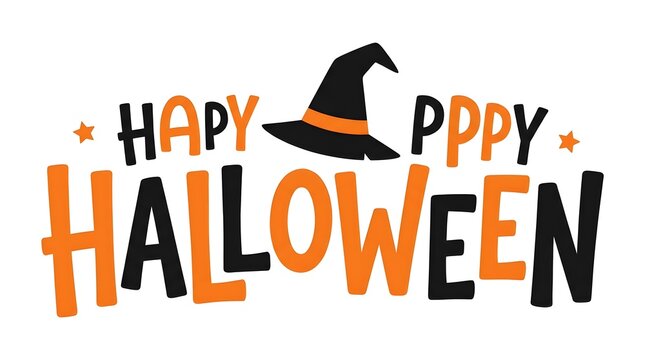 Colorful happy halloween typography with a witch hat illustration for festive designs