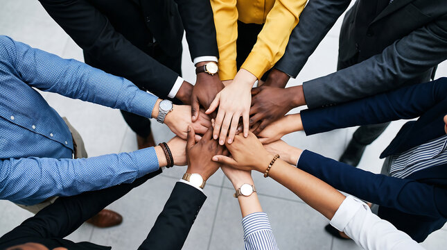 Diverse group of business professionals joining hands in a collaborative circle symbolizing unity and teamwork in a modern office environment