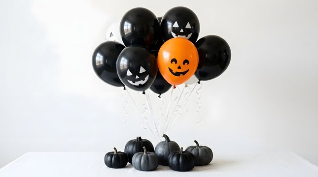 Halloween decorations with jack o lantern balloons and miniature pumpkins