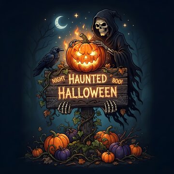 Spooky haunted halloween night with jack o lanterns and a ghostly figure