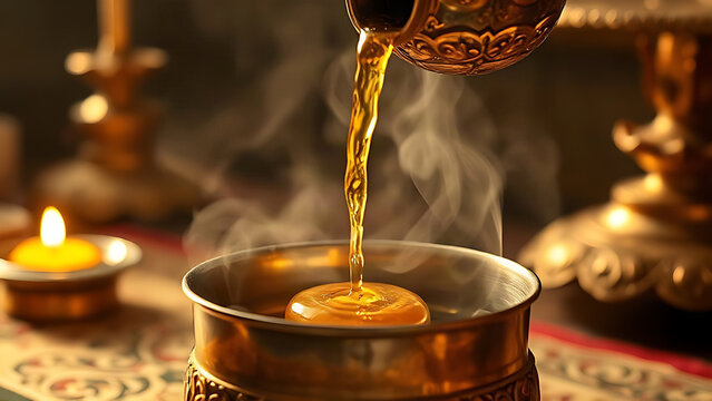 Golden oil pouring from ornate silver vessel into container, ceremonial atmosphere.