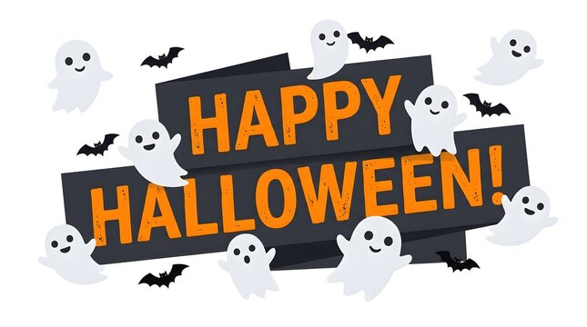 Festive happy halloween illustration with ghosts and bats on dark background