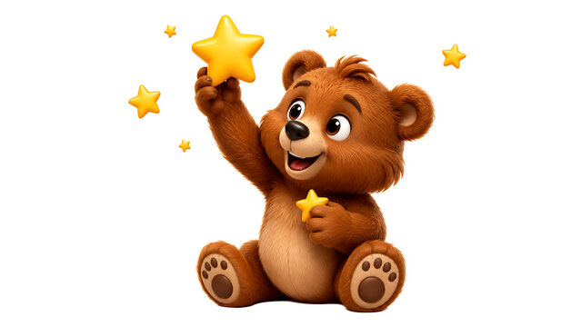 Cute cartoon brown teddy bear sitting and holding a glowing yellow star isolated on a white background