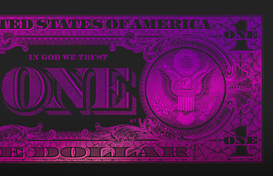 Black and purple US 1 dollar bill reverse side with Great Seal and detailed patterns