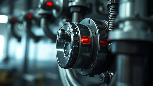 Polished steel mechanical interlock with red warning light, industrial aesthetic.
