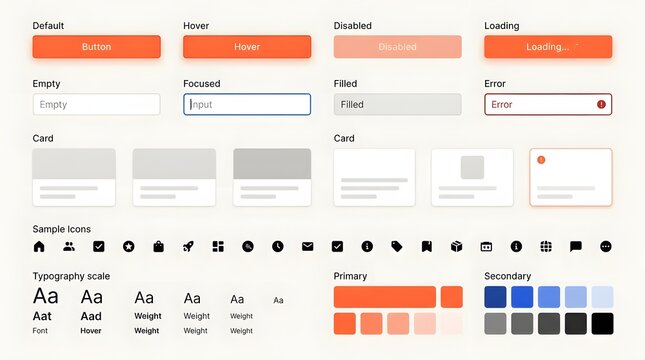 UI Kit design system layout with buttons inputs cards icons and typography scale