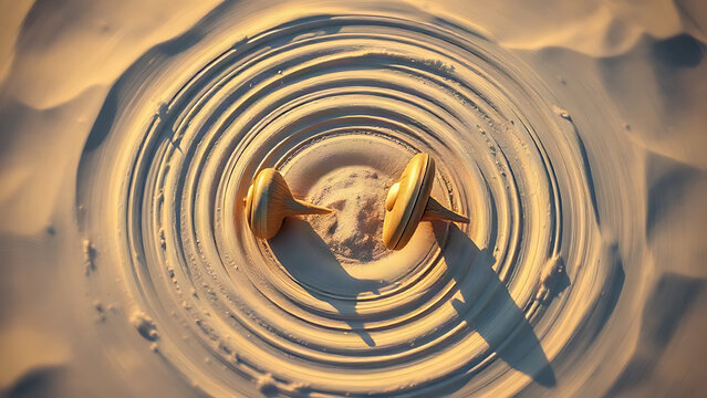 Two wooden spinning tops creating perfect, nearly-touching orbits in sand.