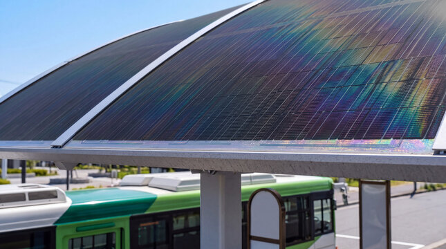 虹色に輝くフィルム型太陽電池のバス停屋根、日本産ペロブスカイト太陽電池の実用例 / Iridescent film-type solar panel canopy at a bus stop, practical application of made-in-Japan perovskite solar cells
