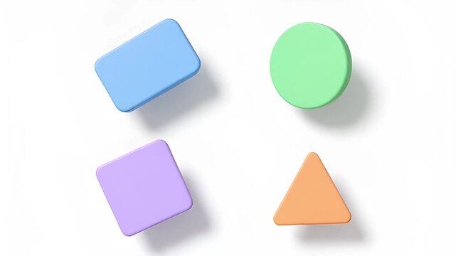 Four pastel colored geometric shapes with soft edges and shadows on a white background.