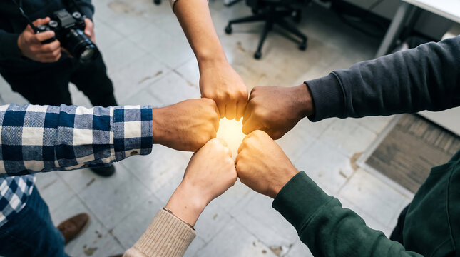Diverse group of people joining hands in a fist bump celebrating teamwork and collaboration in a modern office environment