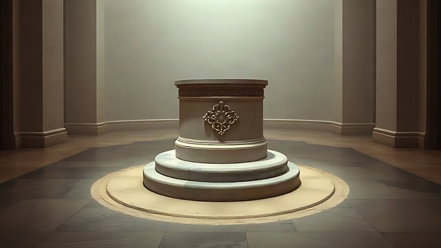 An empty ornate stone pedestal with a dust outline where a statue stood.