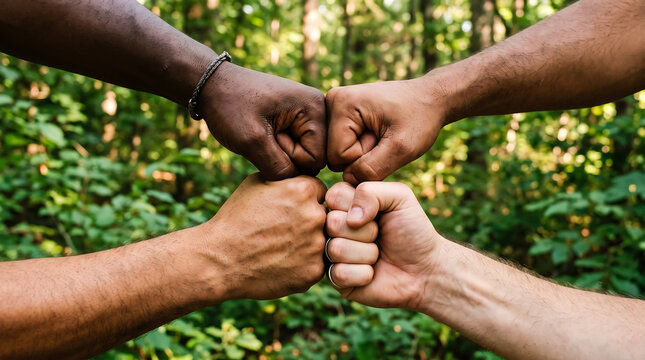 Four diverse hands joining in a fist bump against a blurred green forest background symbolizing unity and collaboration