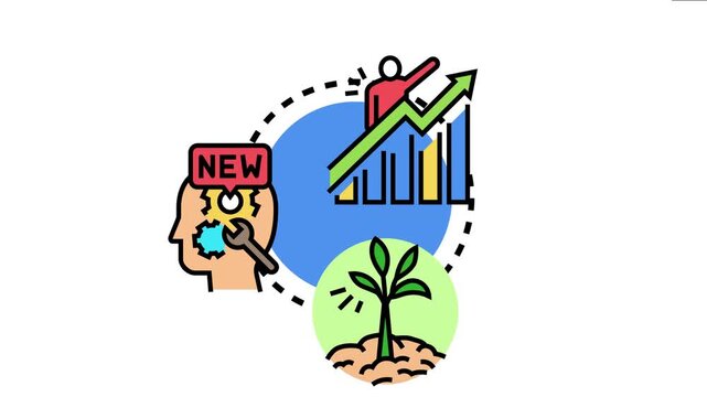 Business growth strategy session icon showing new idea development. Achieving success through concept innovation and financial bar chart increase. Representing startup development. Career success