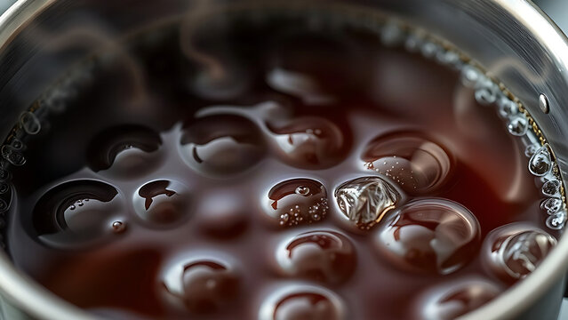 Dark caramel syrup boiling in metal pot, viscous bubbles rising.