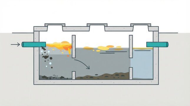 Sewage purification occurs in a trap interceptor at a wastewater treatment plant. The process involves separating debris and settling solids.