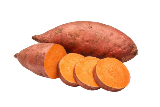 Fresh whole sweet potatoes with bright orange slices arranged in front, isolated on a clean white background. Natural reddish-brown skin, vibrant orange flesh, and organic surface texture, ideal for f