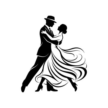 Elegant ballroom dancers performing graceful steps in a high contrast black and white artistic silhouette illustration