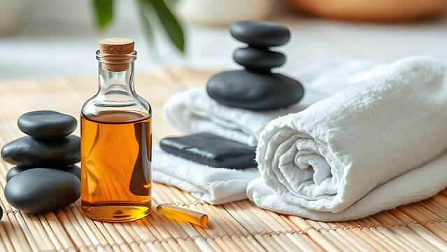 Spa body care essentials with amber bottle, lava stones, and towel on bamboo mat, relaxation concept.