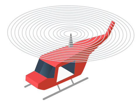 Red helicopter flying isometric flat vector illustration