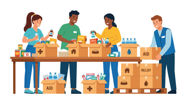 Diverse group of volunteers organizing humanitarian aid packages for community relief.