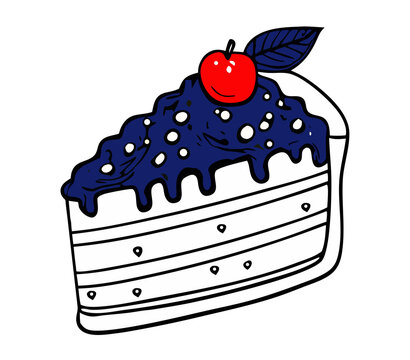Cake slice with blueberry frosting and cherry