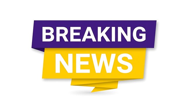 Breaking news banner design with bold white text on purple and yellow layered ribbon style labels
