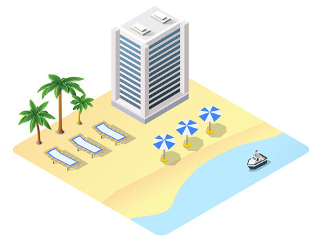 Beach resort isometric view with hotel building
