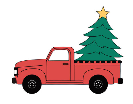 Red vintage truck carrying christmas tree with star