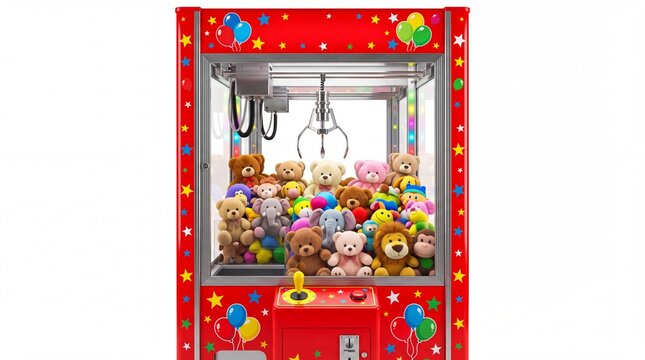 Vibrant red claw machine filled with various colorful plush toys and stuffed animals standing isolated in studio on white background
