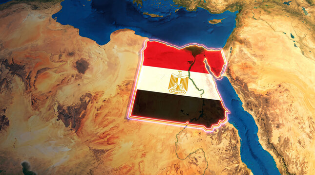 Egypt country map with flag design and glowing edges on sahara desert background for travel and history research.