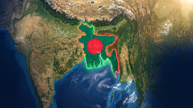 Satellite view of Bangladesh map with glowing neon borders and flag overlay for international news and education.