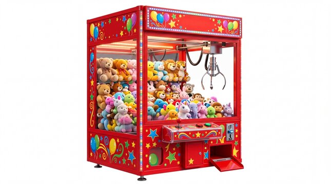 Vibrant red claw crane machine filled with colorful plush animal toys for carnival entertainment prize games displayed on white background
