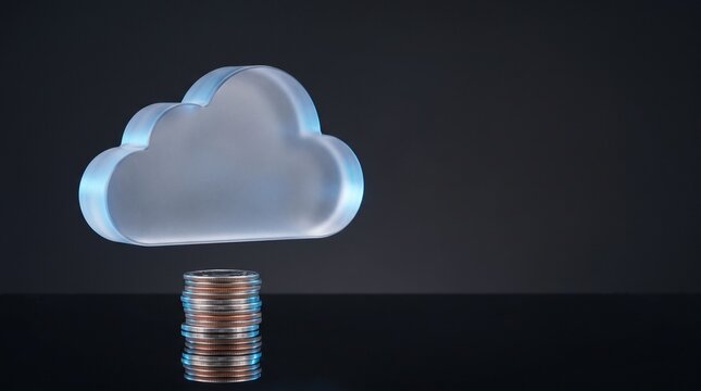 Cloud icon above a coin stack shows cloud finance, symbolizing secure digital money management, storage, and modern financial technology.