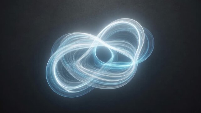 Glowing cyan and white light ribbons form an abstract infinity loop on a dark textured background, suggesting continuity