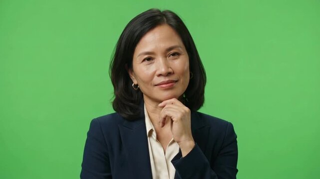 Confident woman in a dark blazer smiling thoughtfully against a green background, exuding professionalism
