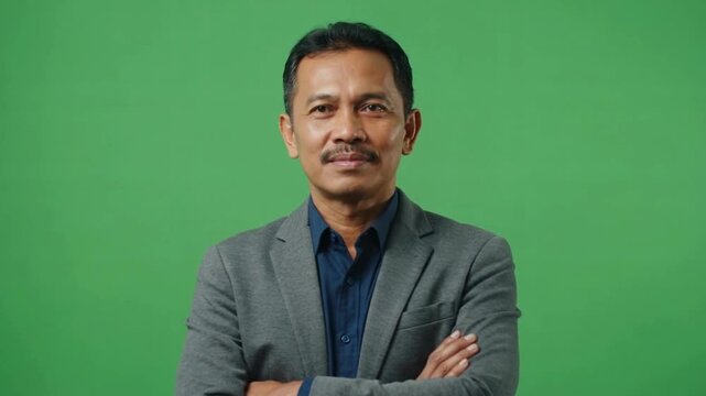 Confident man posing with crossed arms in a professional gray suit against a bright green background
