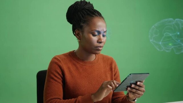 Focused young woman in brown sweater using a digital device against a vibrant green background with an abstract concept of the brain visually presented