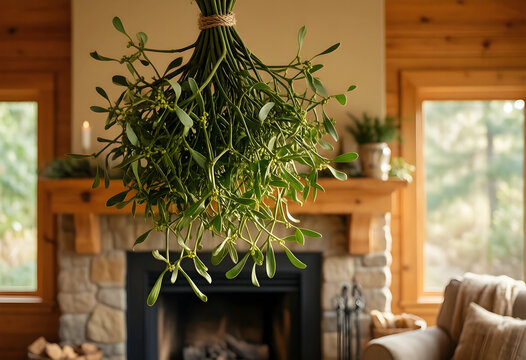 Christmas mistletoe hanging in a cozy rustic cabin, holiday season and winter celebration decoration
