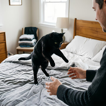 Playful black cat jumping on bed towards owner, cozy bedroom setting with natural light, active domestic pet lifestyle