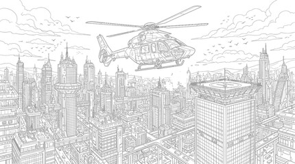Obraz premium ]Helicopter flying over modern city skyline during urban rescue or surveillance mission
