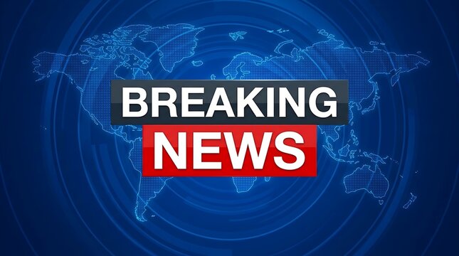 Breaking news graphic with bold text overlay on a digital world map background for television broadcast