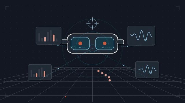 Abstract animated spatial interface floating in augmented reality drawn as cyan and teal lines and shapes on a deep dark background. Seamless looping 4K motion graphics video with free space for text,