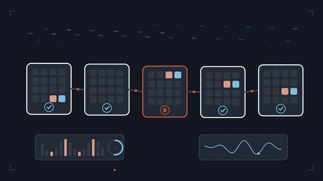 Abstract animated blocks appended to a distributed ledger drawn as blue and cyan lines and shapes on a deep dark background. Seamless looping 4K motion graphics video with free space for text, ideal f