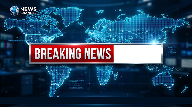 Breaking news broadcast graphic with a digital world map background for television media and journalism projects